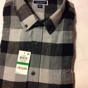 Club Room Men's 100% Cotton Flannel Button Down Large Black/Gray Shirt - NWT